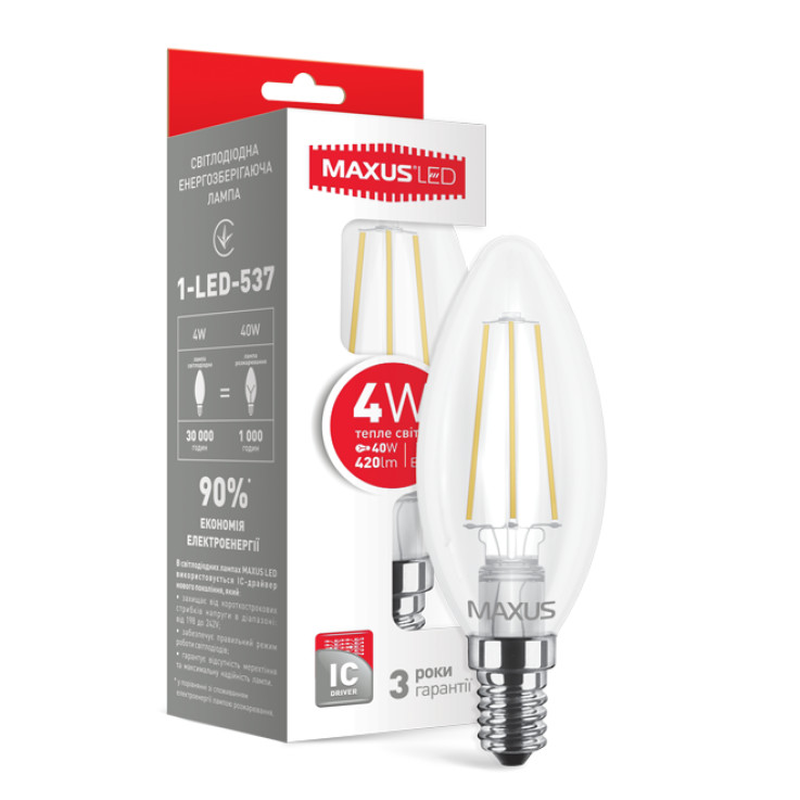 Лампочка LED лампа MAXUS (филамент), C37, 4W, мягкий свет,E14 (1-LED-537) (NEW)