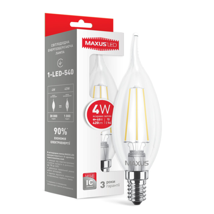 Лампочка LED лампа MAXUS (филамент), C37 TL, 4W, яргкий свет,E14 (1-LED-540) (NEW)