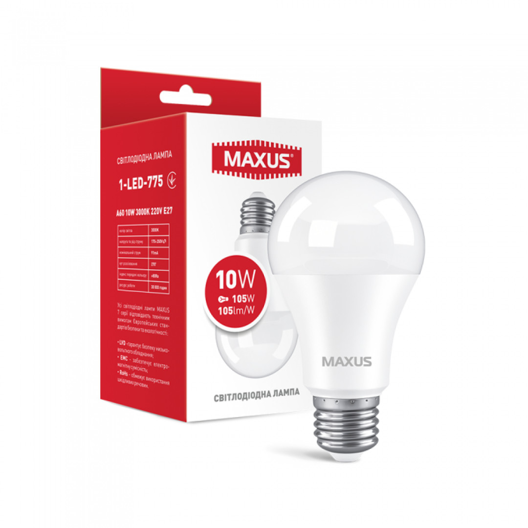 1-LED-775 Лампа светодиодная MAXUS A60 10W 3000K 220V E27 0